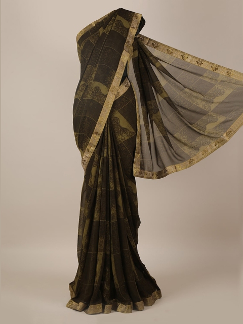 

Pothys Olive Green Checked Poly Georgette Saree