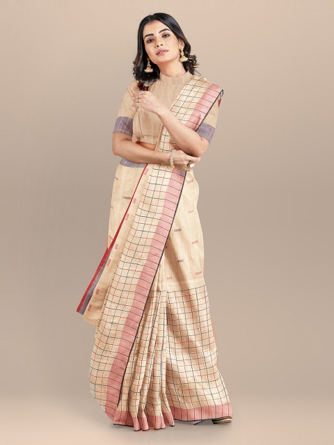 BharatSthali Beige Pure Cotton Woven Design Jamdani Saree