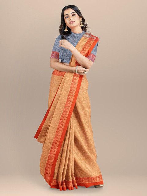 

BharatSthali Orange Pure Linen Woven Design Handloom Bhagalpuri Saree