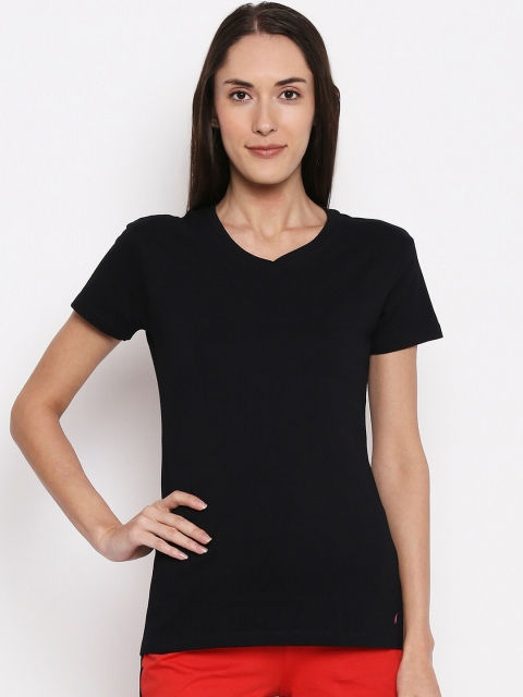 

XIN Women Black Solid V-Neck T-shirt