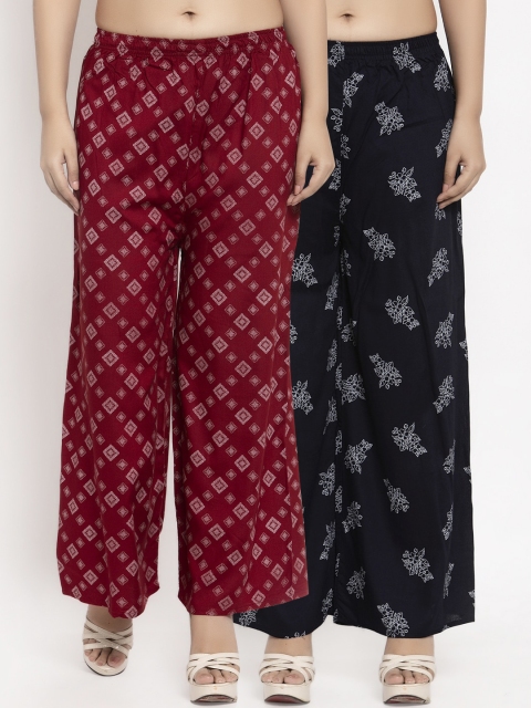 KLOTTHE Women Pack Of 2 Red & Black Printed Straight Palazzos