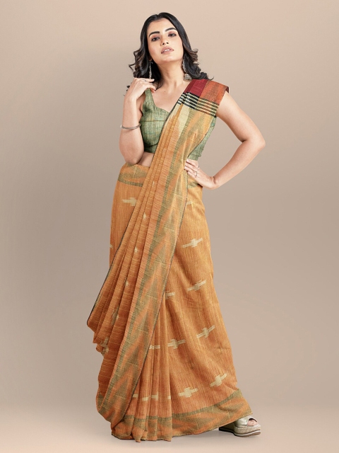 

BharatSthali Orange Checked Ikat Saree
