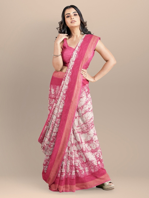 

BharatSthali Pink & Off-White Pure Linen Printed Handloom Khadi Saree
