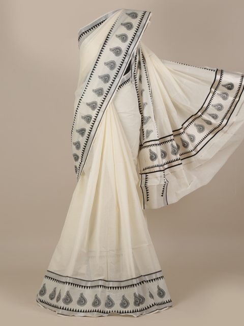 

Pothys Off-White Pure Cotton Solid Kasavu Saree