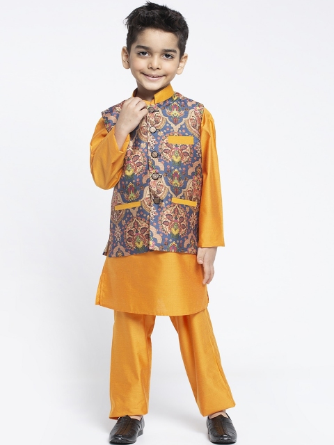 

MAXENCE Boys Yellow & Blue Solid Kurta with Pyjamas & Jacket