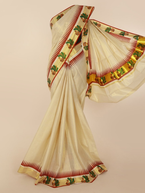

Pothys Beige & Gold-Toned Pure Cotton Printed Kasavu Saree