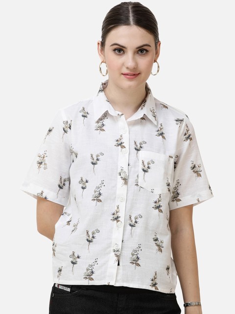 

DECHEN Women White & Brown Slim Fit Printed Casual Shirt
