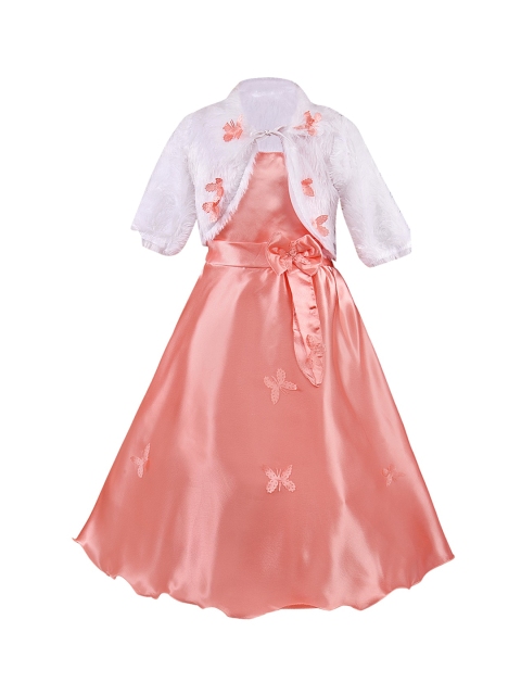 

Wish Karo Girls Peach-Coloured Solid Fit and Flare Dress with Jacket