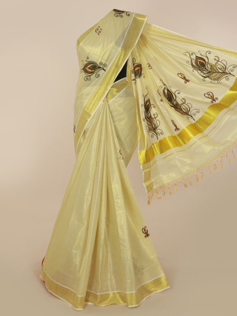

Pothys Gold-Toned Pure Cotton Solid Kasavu Saree
