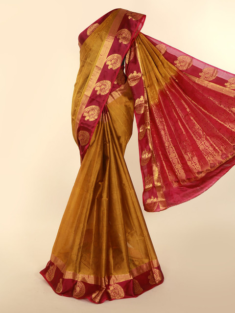 

Pothys Mustard Yellow & Maroon Pure Silk Woven Design Kanjeevaram Saree