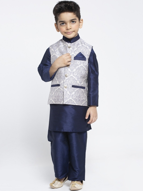 

MAXENCE Boys Navy Blue & White Solid Kurta with Pyjamas & Nehru Jacket