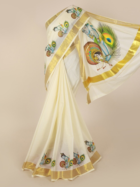 Pothys Off-White & Gold-Toned Pure Cotton Printed Kasavu Saree