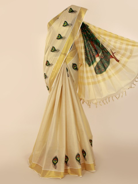 

Pothys Gold-Toned & Beige Embroidered Kasavu Saree