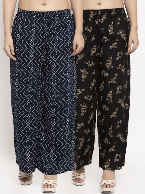 

KLOTTHE Women Pack Of 2 Navy Blue & Black Printed Straight Palazzos