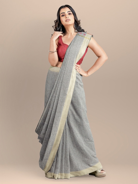 

BharatSthali Grey Silk Cotton Solid Jamdani Sustainable Saree