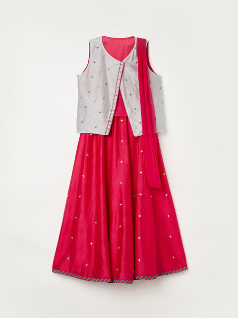 

Melange by Lifestyle Girls Fuchsia Pink & Grey Embroidered Ready To Wear Lehenga & Blouse With Dupatta