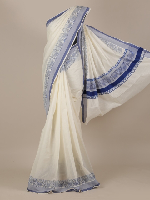 

Pothys Off-White & Blue Pure Cotton Solid Kasavu Saree
