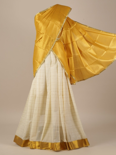 

Pothys Gold-Toned & Off-White Tissue Striped Half Saree