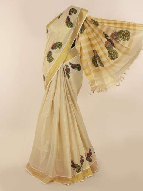 

Pothys Beige Pure Cotton Solid Kasavu Saree