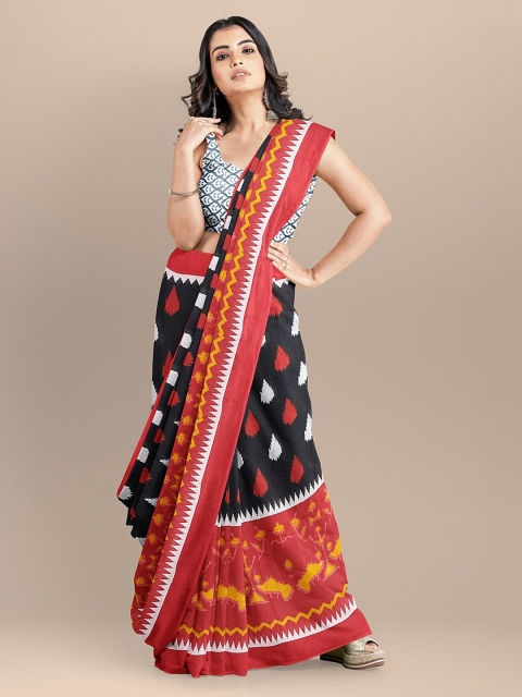 

BharatSthali Black & Pink Pure Cotton Printed Ikat Sustainable Saree
