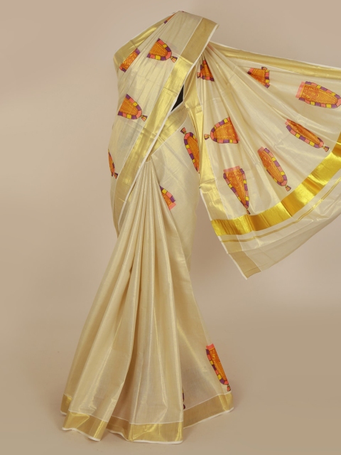 

Pothys Gold-Toned & Beige Pure Cotton Printed Kasavu Saree