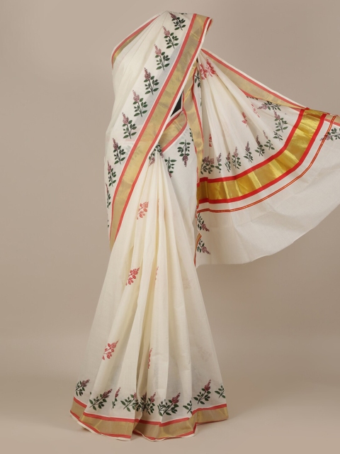 

Pothys White Pure Cotton Printed Kasavu Saree