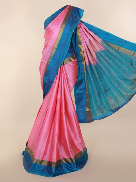 

Pothys Pink & Blue Pure Silk Solid Kanjeevaram Saree