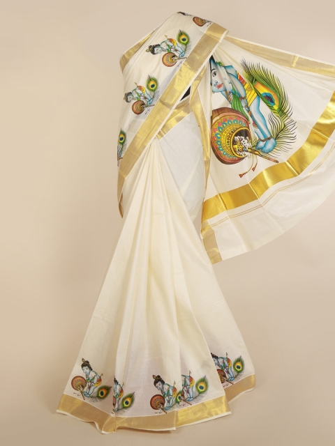 

Pothys Off-White & Gold-Toned Pure Cotton Printed Kasavu Saree
