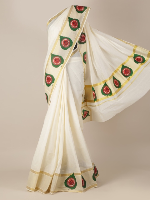 

Pothys Off-White & Gold-Toned Pure Cotton Solid Kasavu Saree