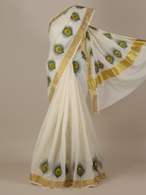 

Pothys Off-White Embroidered Kasavu Saree
