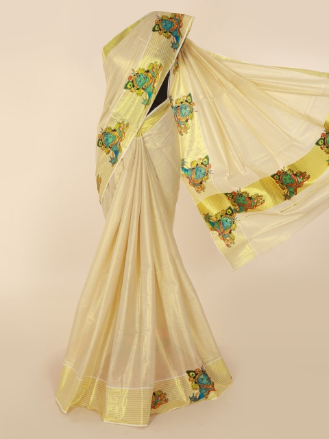 

Pothys Cream-Coloured & Gold-Toned Pure Cotton Solid Kasavu Saree