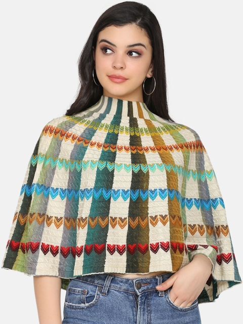 

Saanjh Women Beige & Turquoise Blue Self-Design Poncho