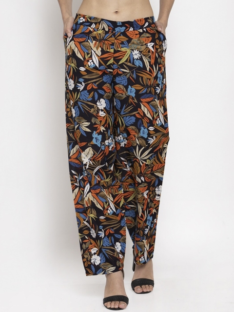 

TAG 7 Women Black & Blue Floral Printed Straight Palazzos