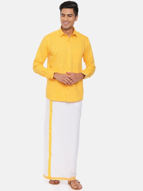 

UATHAYAM Men Mustard Yellow & White Solid Shirt & Dhoti Pants