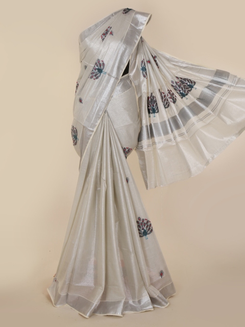 Pothys Silver-Toned & Grey Pure Cotton Printed Kasavu Saree