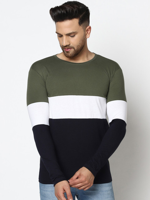 

GESPO Men Olive Green & Navy Blue Colourblocked Round Neck T-shirt