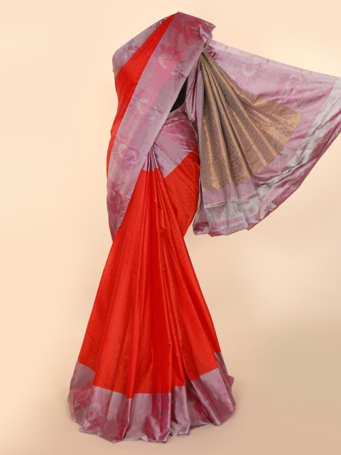 Pothys Pink & Red Colourblocked Kanjeevaram Saree