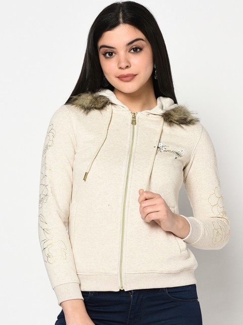 

METTLE Women Cream-Coloured Solid Hooded Sweatshirt