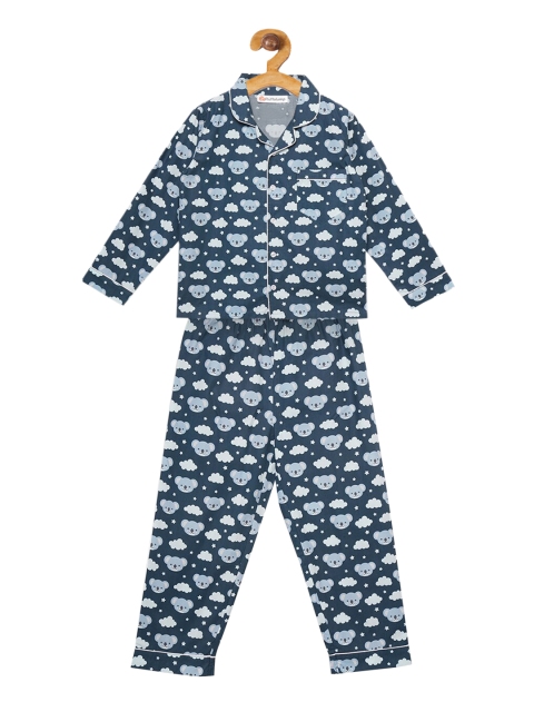 

Fluffalump Kids Navy Blue & Off-White Printed Night suit