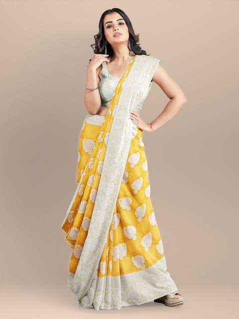

BharatSthali Yellow & Off-White Silk Cotton Woven Design Banarasi Sustainable Saree