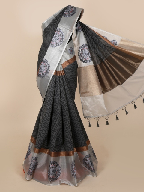 

Pothys Black & Grey Cotton Blend Solid Saree
