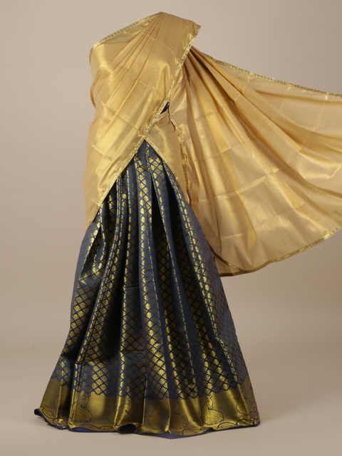 

Pothys Gold-Toned & Navy Blue Tissue Woven Design Lehenga Saree
