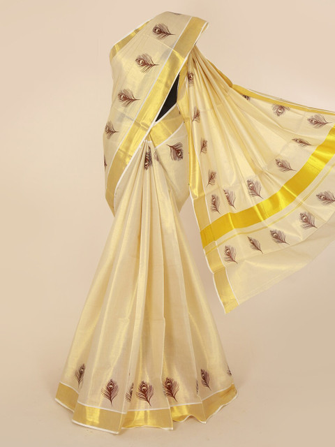 

Pothys Gold-Toned & Beige Pure Cotton Solid Kasavu Saree