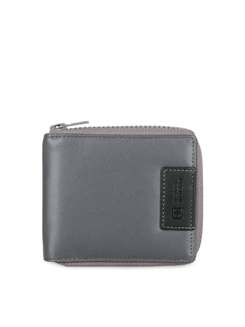 

SWISS MILITARY Men Grey Solid Genuine Leather Zip Around Wallet