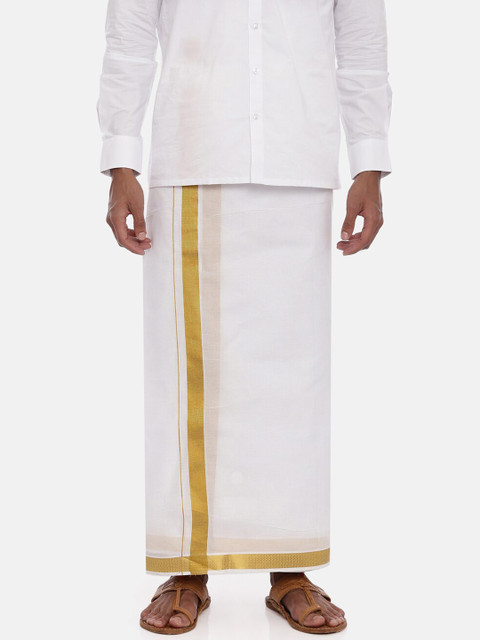 

UATHAYAM Men White & Gold-Toned Solid Cotton Dhoti