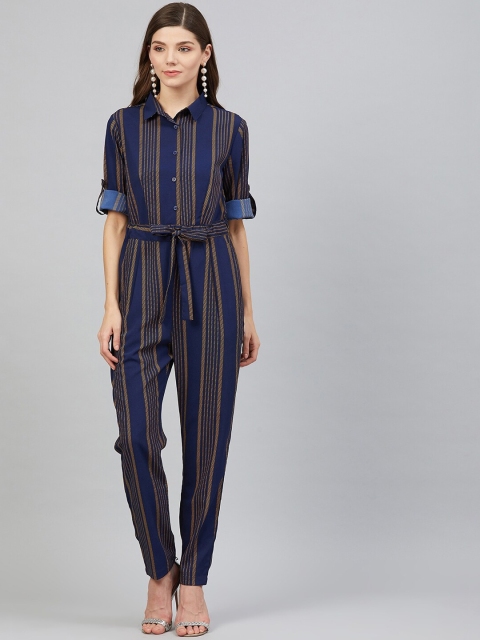 

RARE Women Navy Blue & Yellow Striped Basic Jumpsuit
