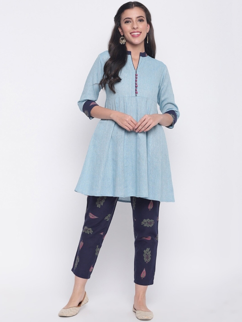 

Shakumbhari Women Sea Green Navy Blue Solid Kurta with Trousers