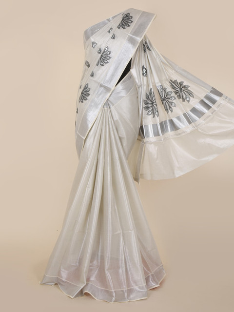 

Pothys Silver-Toned Pure Cotton Embroidered Kasavu Saree