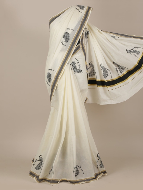 

Pothys Off-White & Black Pure Cotton Printed Kasavu Saree