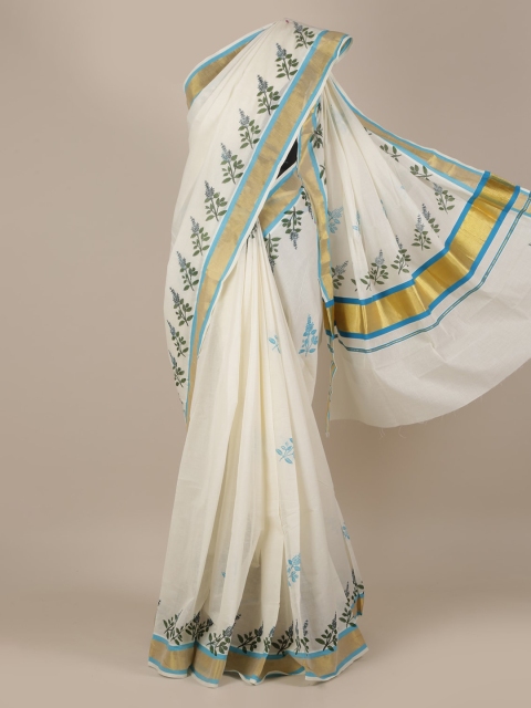 

Pothys Off-White Pure Cotton Solid Kasavu Saree